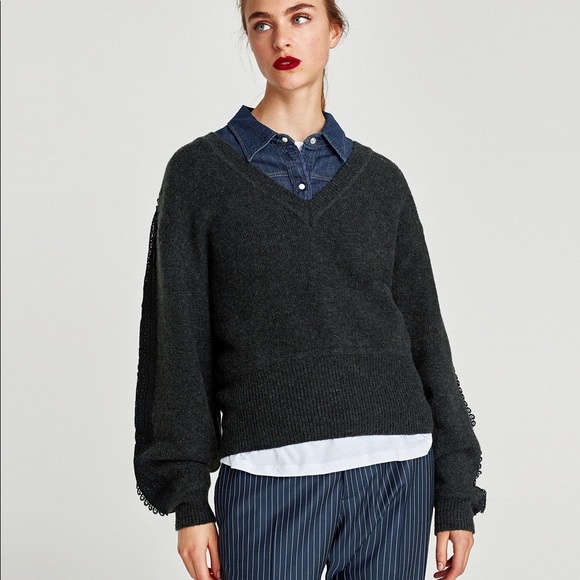 Zara Knit Dark Gray V-neck Sweater - Picture 2 of 7